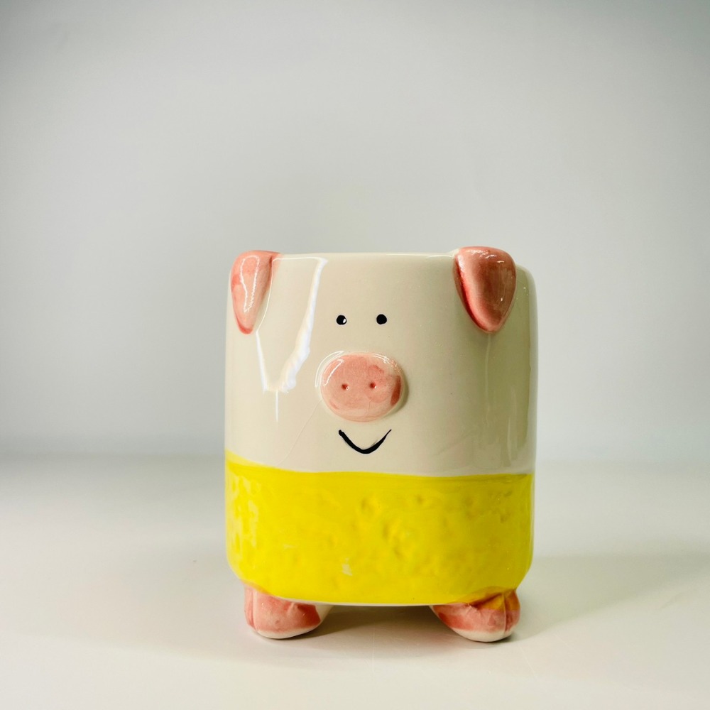 花盆王 知雨若泥 黃肚兜粉紅小豬陶瓷盆栽植物花瓶多肉花器 筆筒文具化妝品收納 畢業婚禮佈置辦公室小物生日禮物DIY台灣-細節圖3