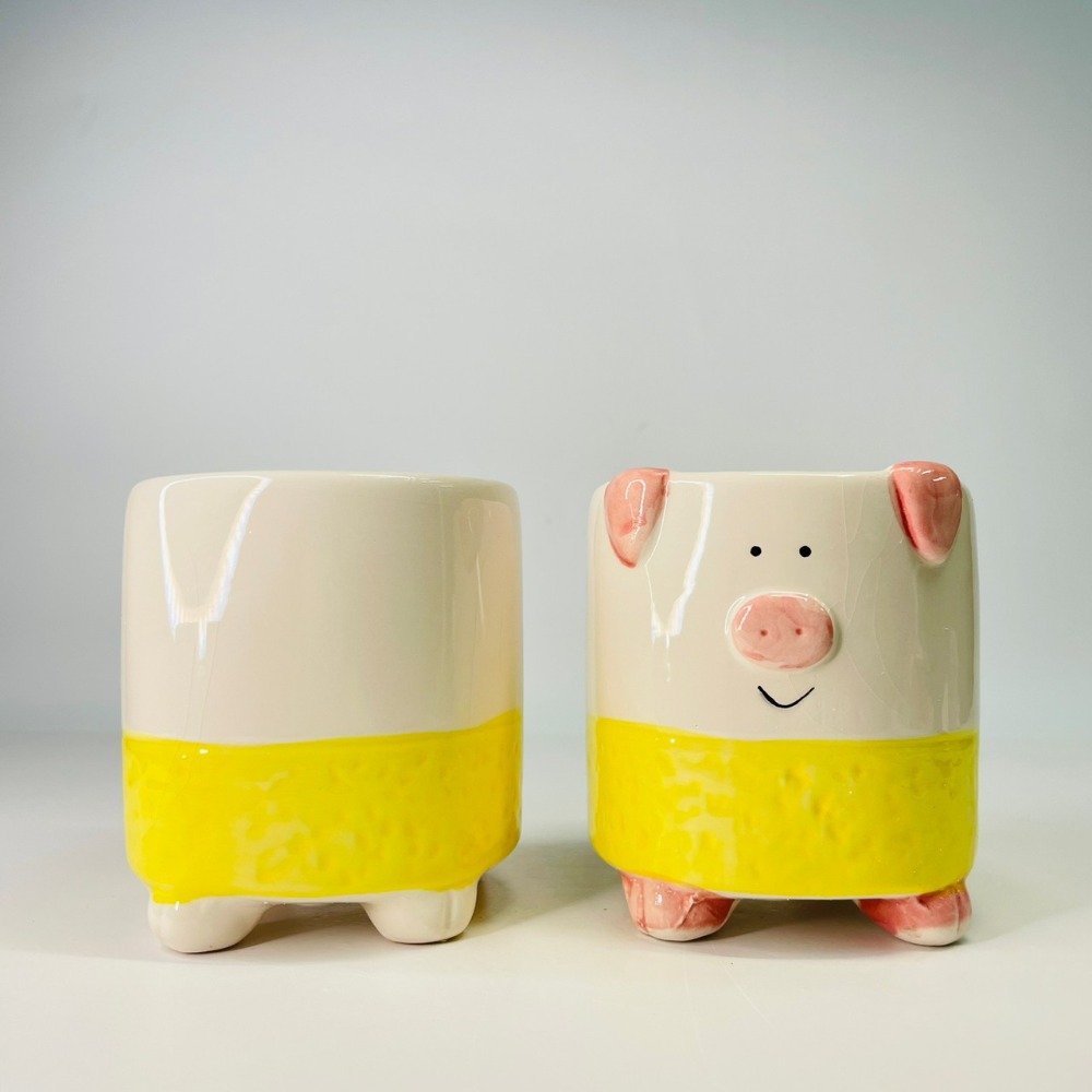 花盆王 知雨若泥 黃肚兜粉紅小豬陶瓷盆栽植物花瓶多肉花器 筆筒文具化妝品收納 畢業婚禮佈置辦公室小物生日禮物DIY台灣-細節圖4