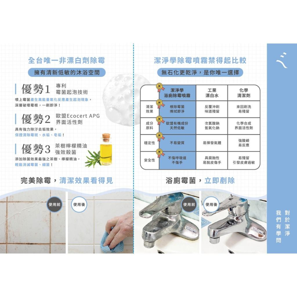免運費 潔淨學 除霉清潔劑 一噴凈 - 矽利康除霉凝膠｜廚房去油慕絲｜浴廁除霉噴霧｜玻璃除垢泡沫｜地板抗蟎清潔液-細節圖6