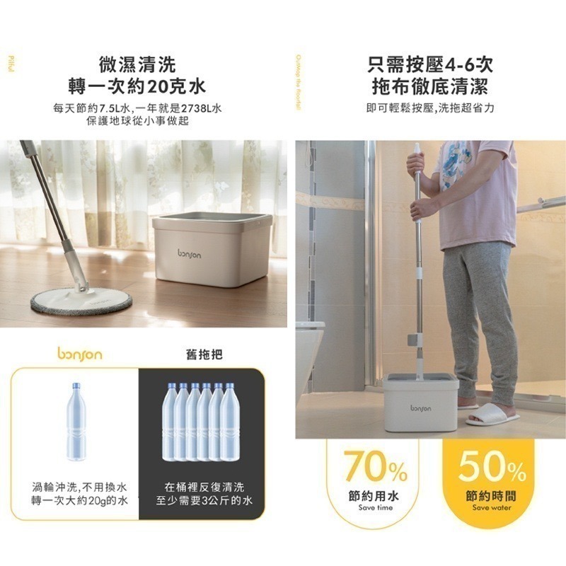 bonson 2代懶人拖把 乾濕兩用旋轉拖把 旋轉拖把 過年掃除 吸水拖把 平板拖把 免手洗拖把 淨汙分離懶人拖把-細節圖6