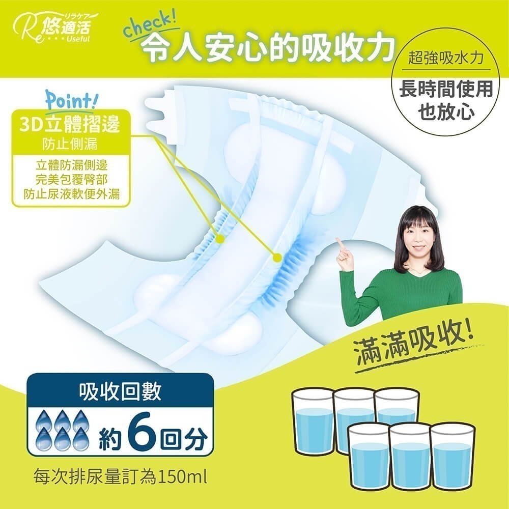悠適活∣黏貼式成人尿布6回900cc (20片/包) 送600cc尿布替換片*2片(超取限購1包)-細節圖4
