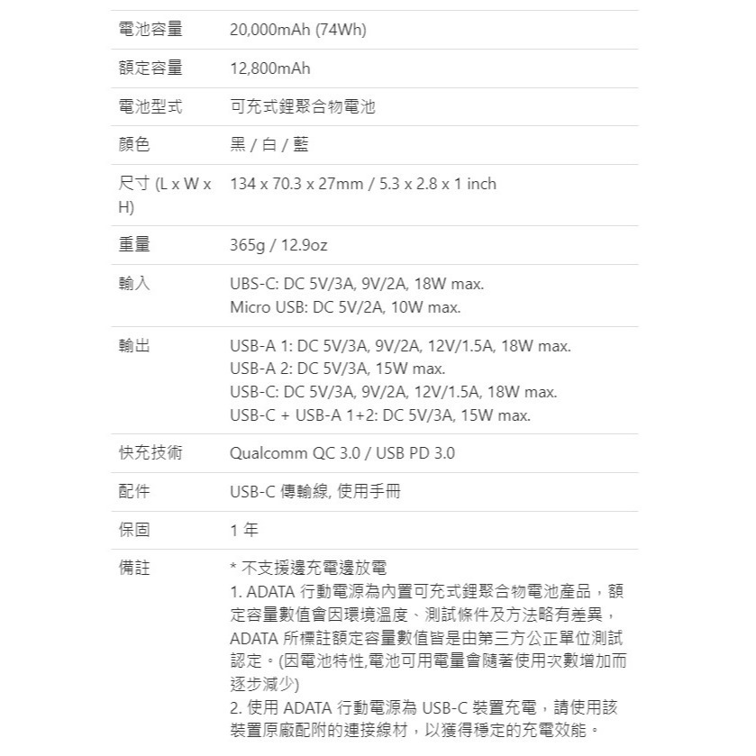 ADATA 威剛 P20000QCD 數位顯示電量 20000mAh 快充行動電源 (白色/黑色)-細節圖3