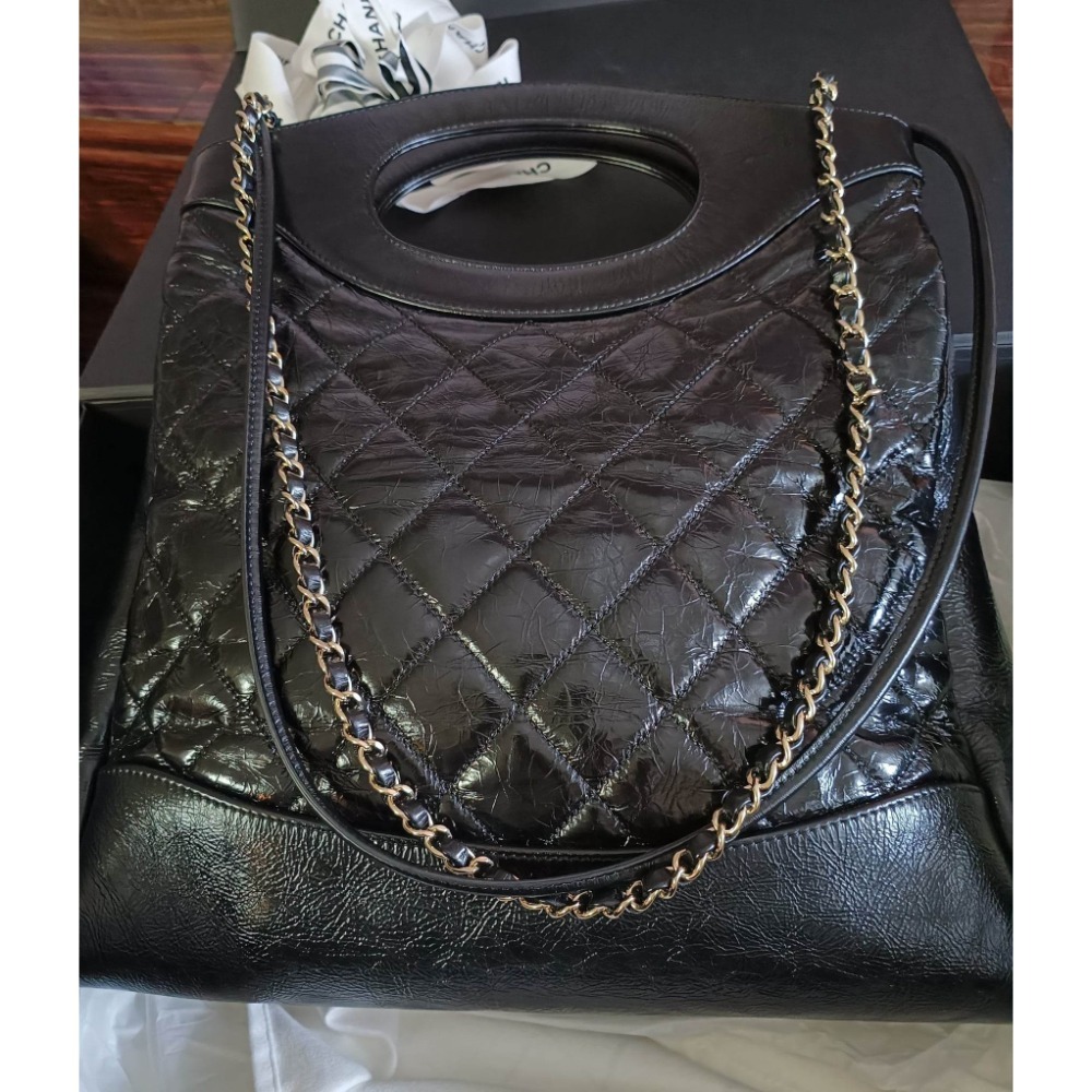 CHANEL 黑色油蠟牛皮 淡金釦 31bag 購物袋 29開 稀缺少見商品 七夕 情人節 母親節 生日禮物 香奈兒-細節圖2