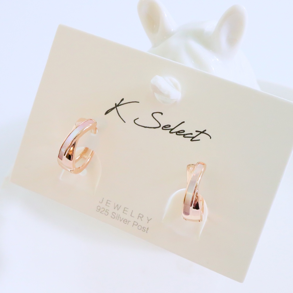 Kselect韓國飾品 玫瑰金交錯貓眼石 耳扣 耳環 易扣 韓國 耳環 正韓 耳扣 簡約 男生 女生 推薦 禮物 百搭-細節圖2