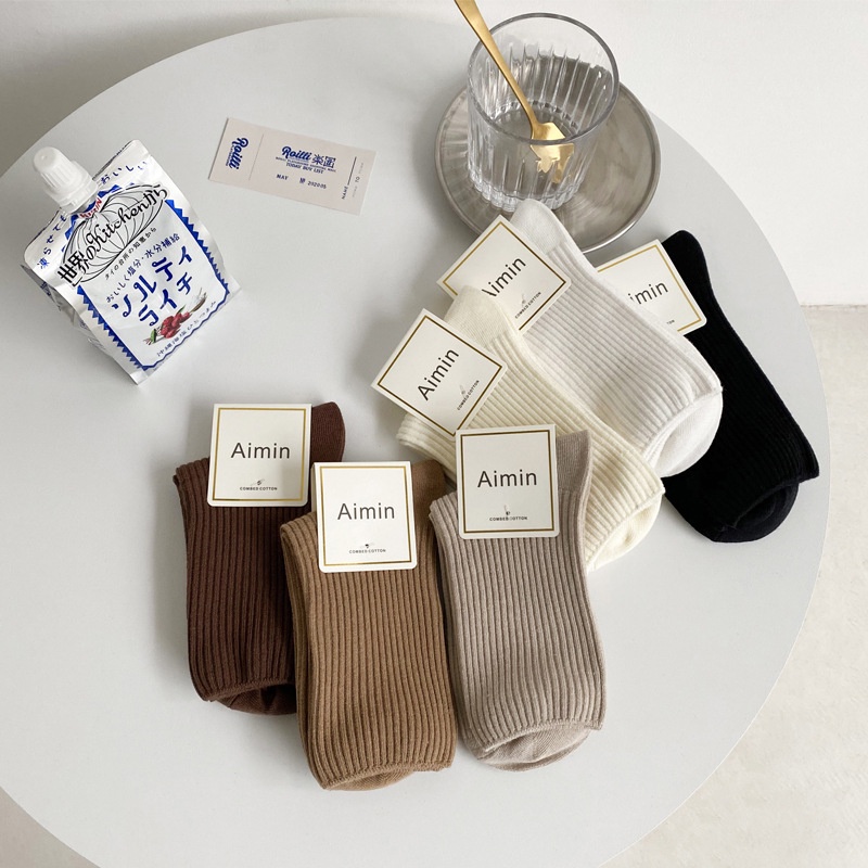 [台灣現貨]襪子 純棉 中筒襪 女 純色 素色 黑白卡其 女 22-25號 KSelect 聖誕 交換禮物 保暖-細節圖6