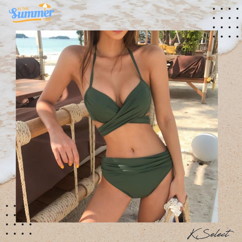 [台灣現貨]比基尼 泳衣 女 泳裝 兩件式泳衣 鋼圈 綁帶 單色 黑綠紅 溫泉 游泳 海邊 游泳 衝浪 kselect-細節圖2