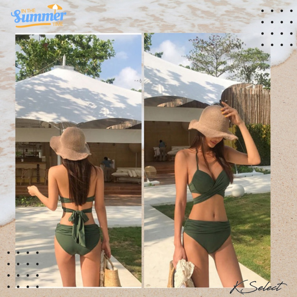[台灣現貨]比基尼 泳衣 女 泳裝 兩件式泳衣 鋼圈 綁帶 單色 黑綠紅 溫泉 游泳 海邊 游泳 衝浪 kselect-細節圖3