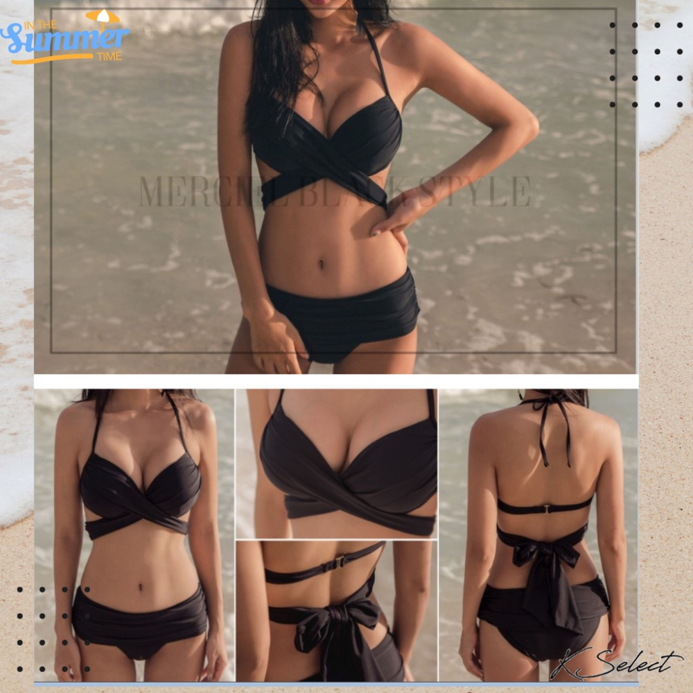 [台灣現貨]比基尼 泳衣 女 泳裝 兩件式泳衣 鋼圈 綁帶 單色 黑綠紅 溫泉 游泳 海邊 游泳 衝浪 kselect-細節圖4