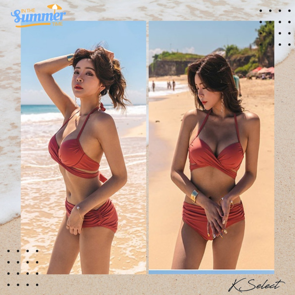 [台灣現貨]比基尼 泳衣 女 泳裝 兩件式泳衣 鋼圈 綁帶 單色 黑綠紅 溫泉 游泳 海邊 游泳 衝浪 kselect-細節圖6