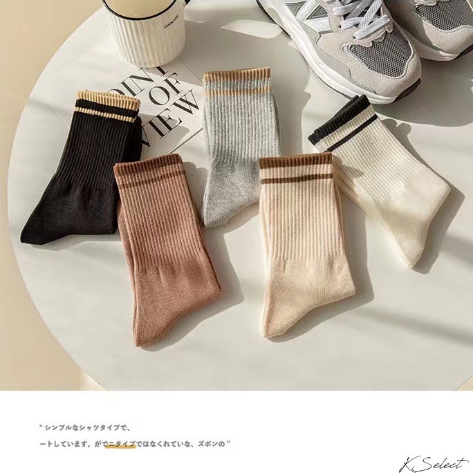 [台灣現貨]襪子 條紋 中筒襪 女 純色 素色 黑白卡其 女 22-25號 KSelect 聖誕 交換禮物 保暖-細節圖7