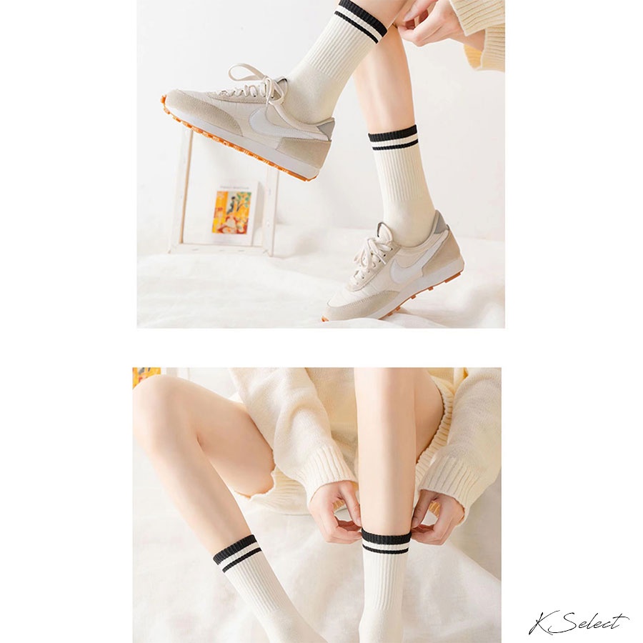[台灣現貨]襪子 條紋 中筒襪 女 純色 素色 黑白卡其 女 22-25號 KSelect 聖誕 交換禮物 保暖-細節圖9