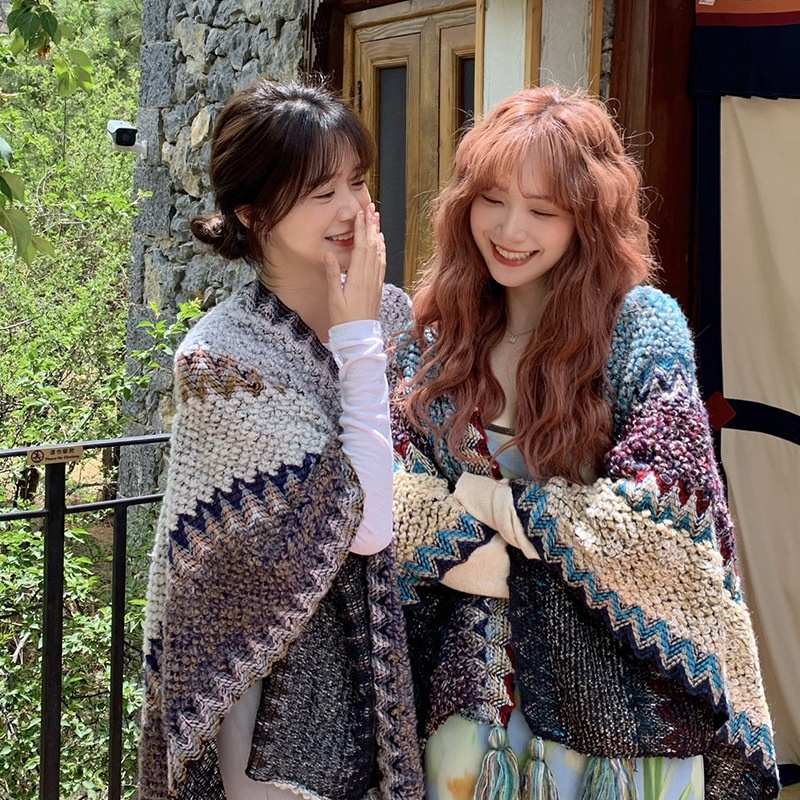 [台灣現貨]披肩 圍巾 披風 外套 斗篷 民族風 毛毯 女 韓國素面保暖秋冬 黑粉灰 聖誕生日交換禮物 kselect-細節圖4