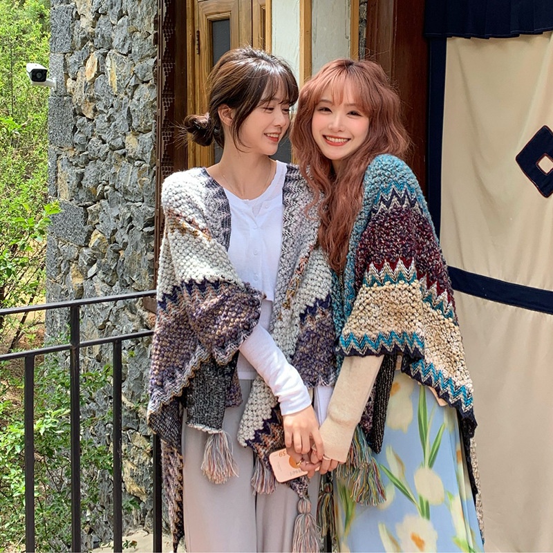 [台灣現貨]披肩 圍巾 披風 外套 斗篷 民族風 毛毯 女 韓國素面保暖秋冬 黑粉灰 聖誕生日交換禮物 kselect-細節圖5