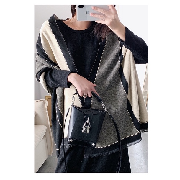 [台灣現貨] 披肩 圍巾 保暖 圍脖 保暖 高質感 同款 黑 STYLE 幾何 日韓 秋冬男女推薦禮物 W 200*70-細節圖2