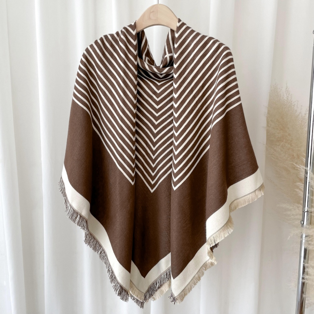 [台灣現貨]圍巾 披肩 斗篷 圍脖 保暖 外搭 外套 條紋 科技羊毛 聖誕交換禮物 推薦 披風 KSelect 女-細節圖7