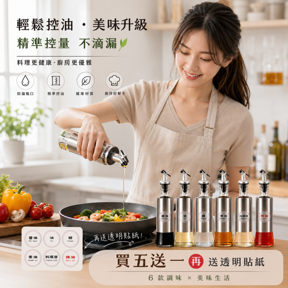 不鏽鋼玻璃可控流量料理壺 買五送一 《加贈》標示透明貼紙及不鏽鋼漏斗