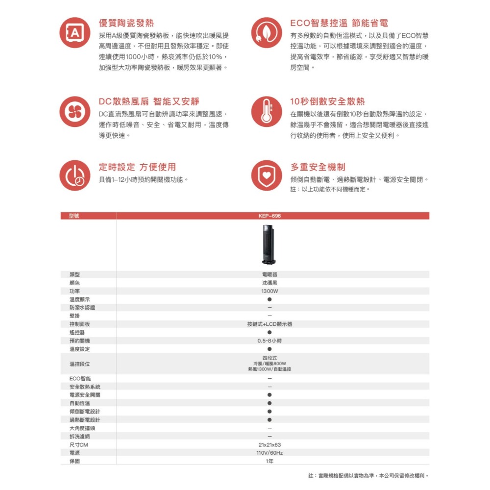 【嘉儀】PTC陶瓷式電暖器 KEP-696-細節圖3