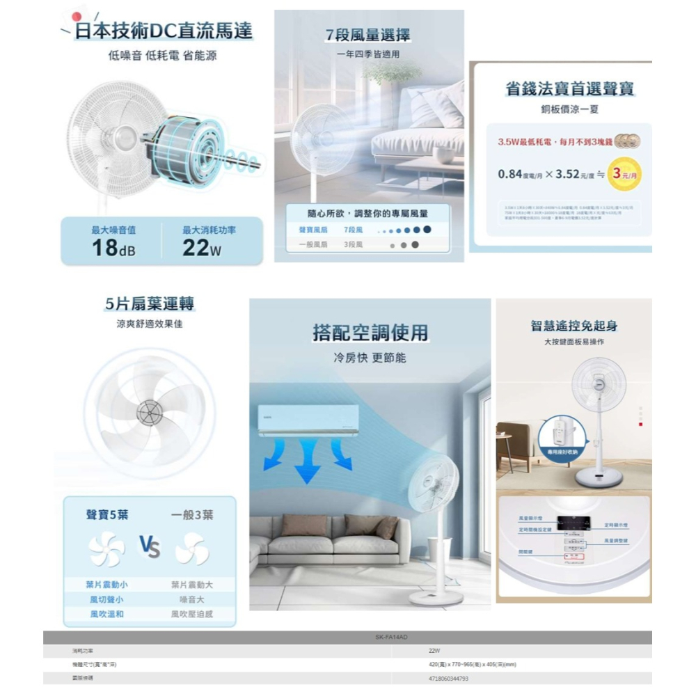 【SAMPO 聲寶 】14吋變頻DC風扇SK-FA14AD-細節圖2