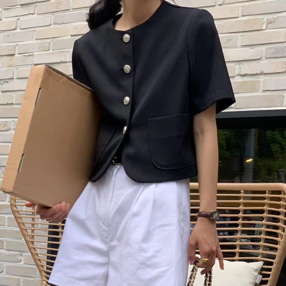 韓國選物｜摩登女子短袖粗花呢西裝外套 (黑/白色)-細節圖8
