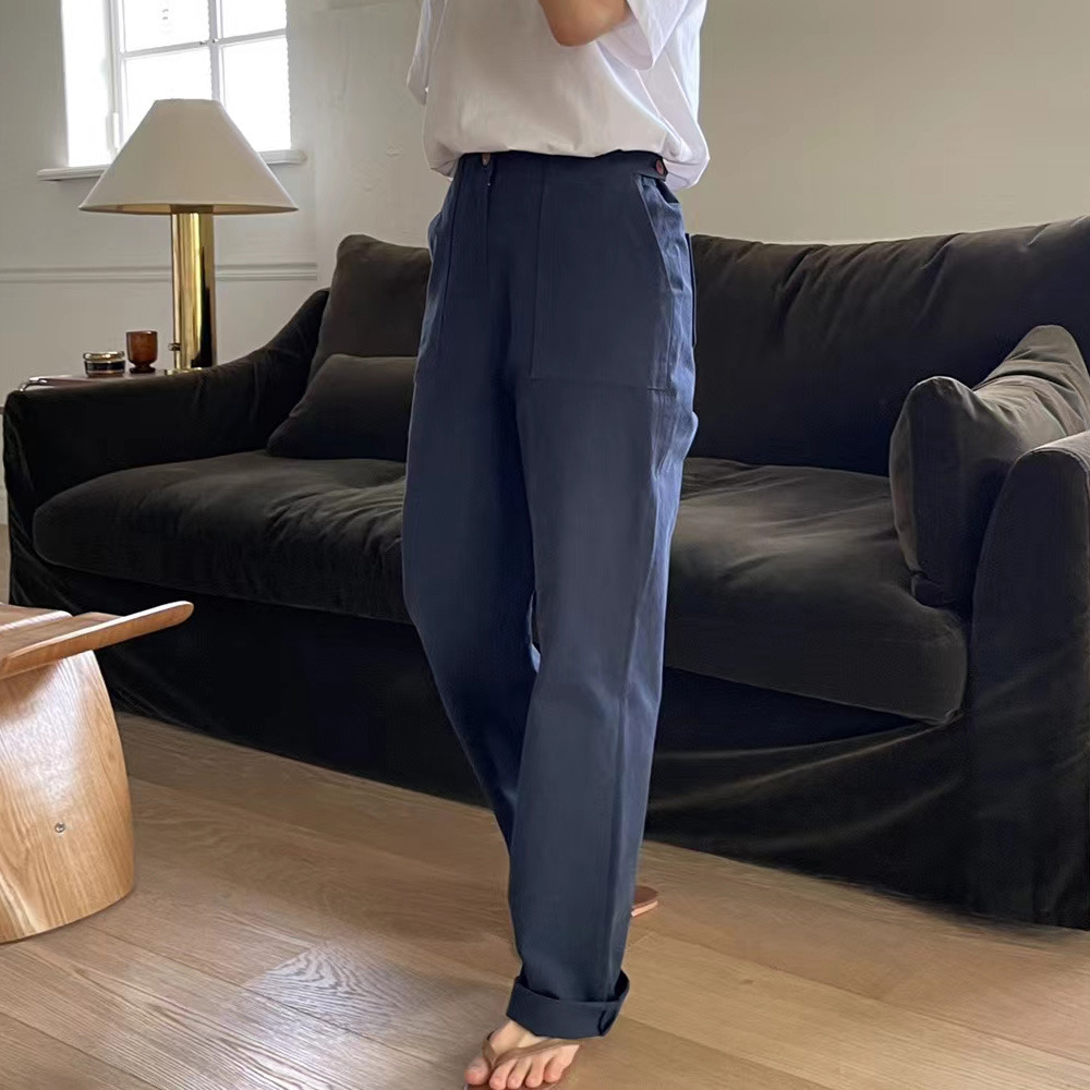 韓國選物｜微工裝風格直筒長褲 (深藍/墨綠色)-細節圖2