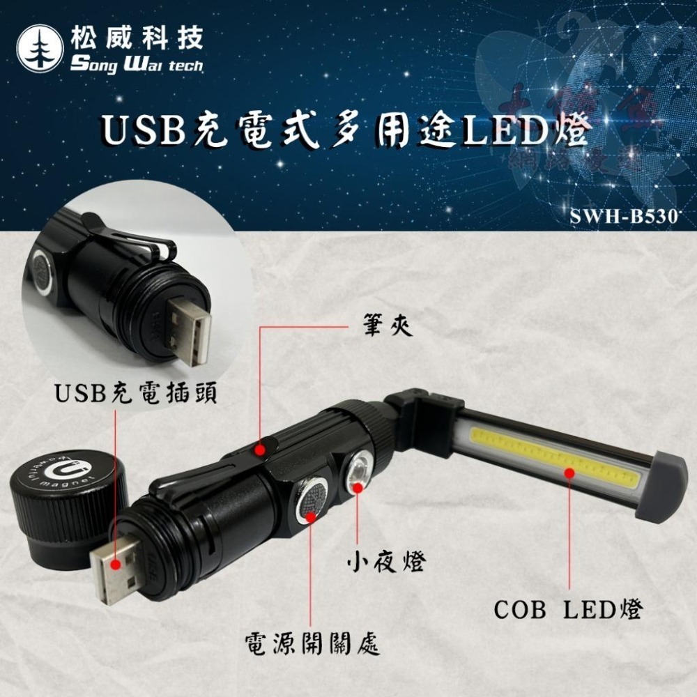 【松威科技】B530 USB插頭充電式多用途LED燈-細節圖3