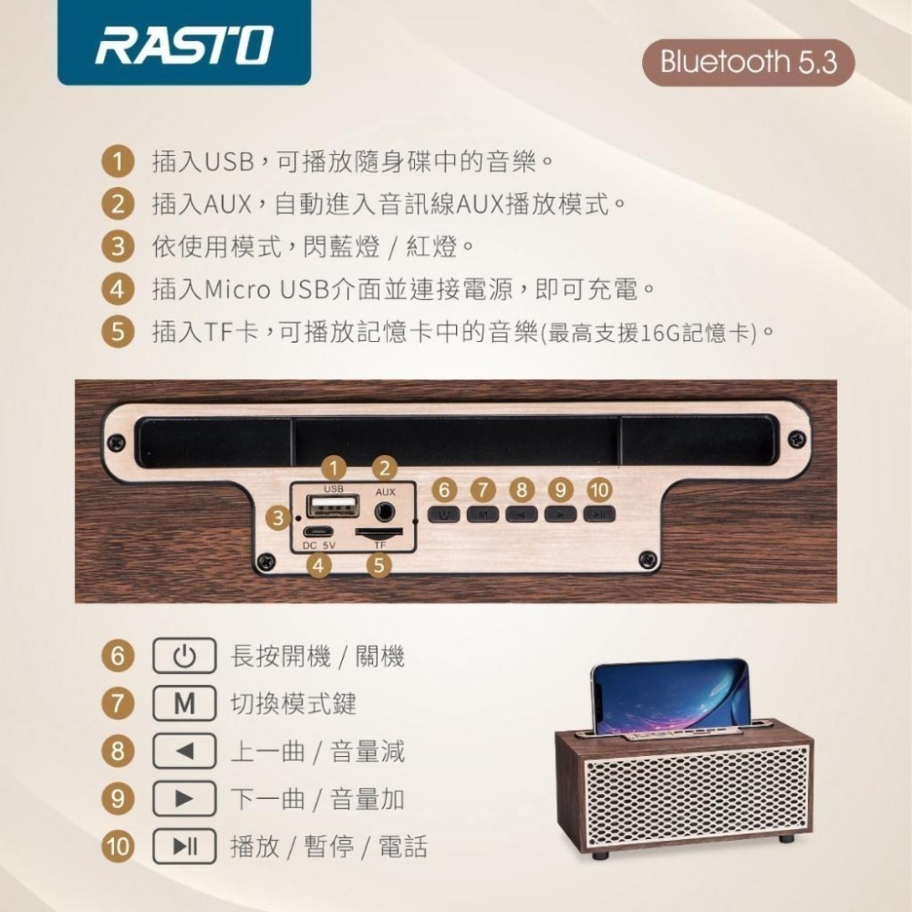 【RASTO中景科技】RD10 復刻木質美聲藍牙喇叭-細節圖2
