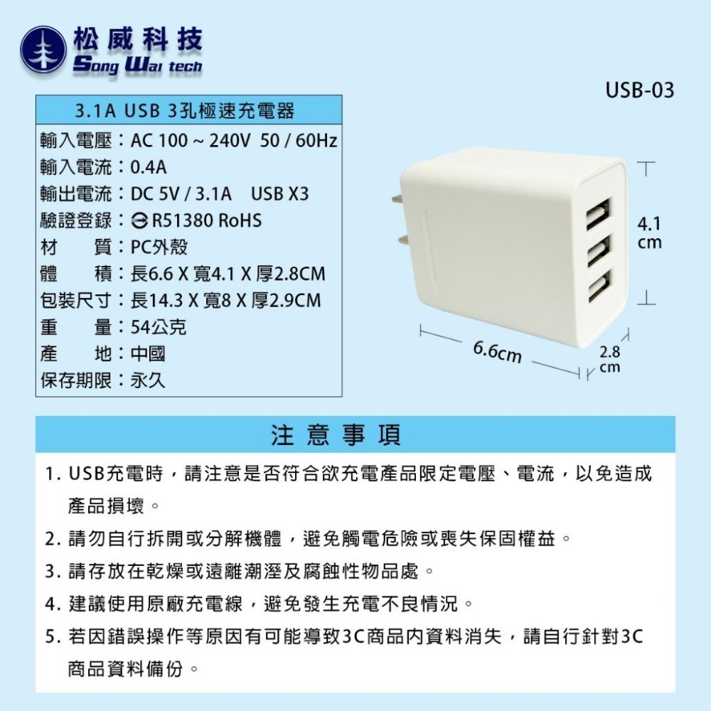 【松威科技】USB-03 3.1A USB極速充電器3孔 電源供應器 通過檢驗 字號R51380-細節圖2