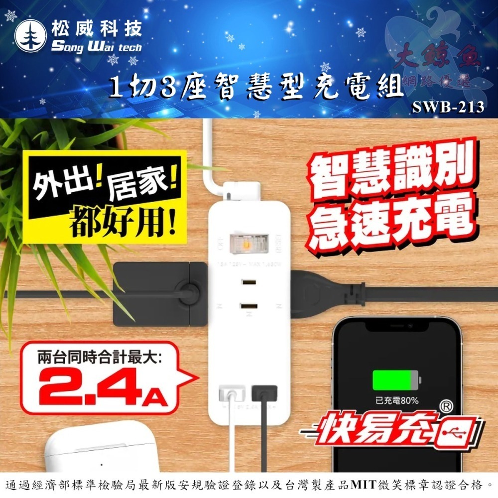 【松威科技】SWB-213 台灣製造 1切3座USB智慧型充電組 2P延長線 3、6、9尺 通過最新安規-細節圖2