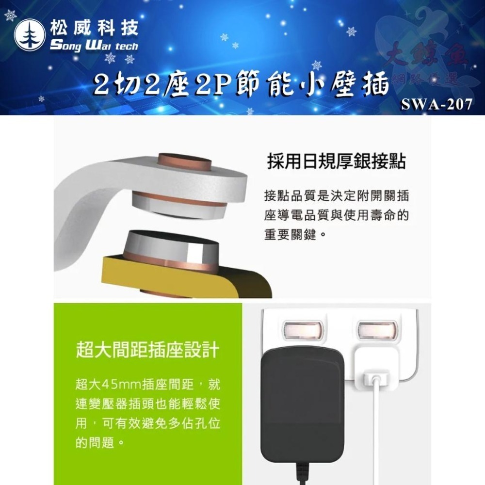 【松威科技】SWA-207台灣製造 2切2座 2P節能小壁插 分接器 獨立開關 通過新版安規-細節圖4