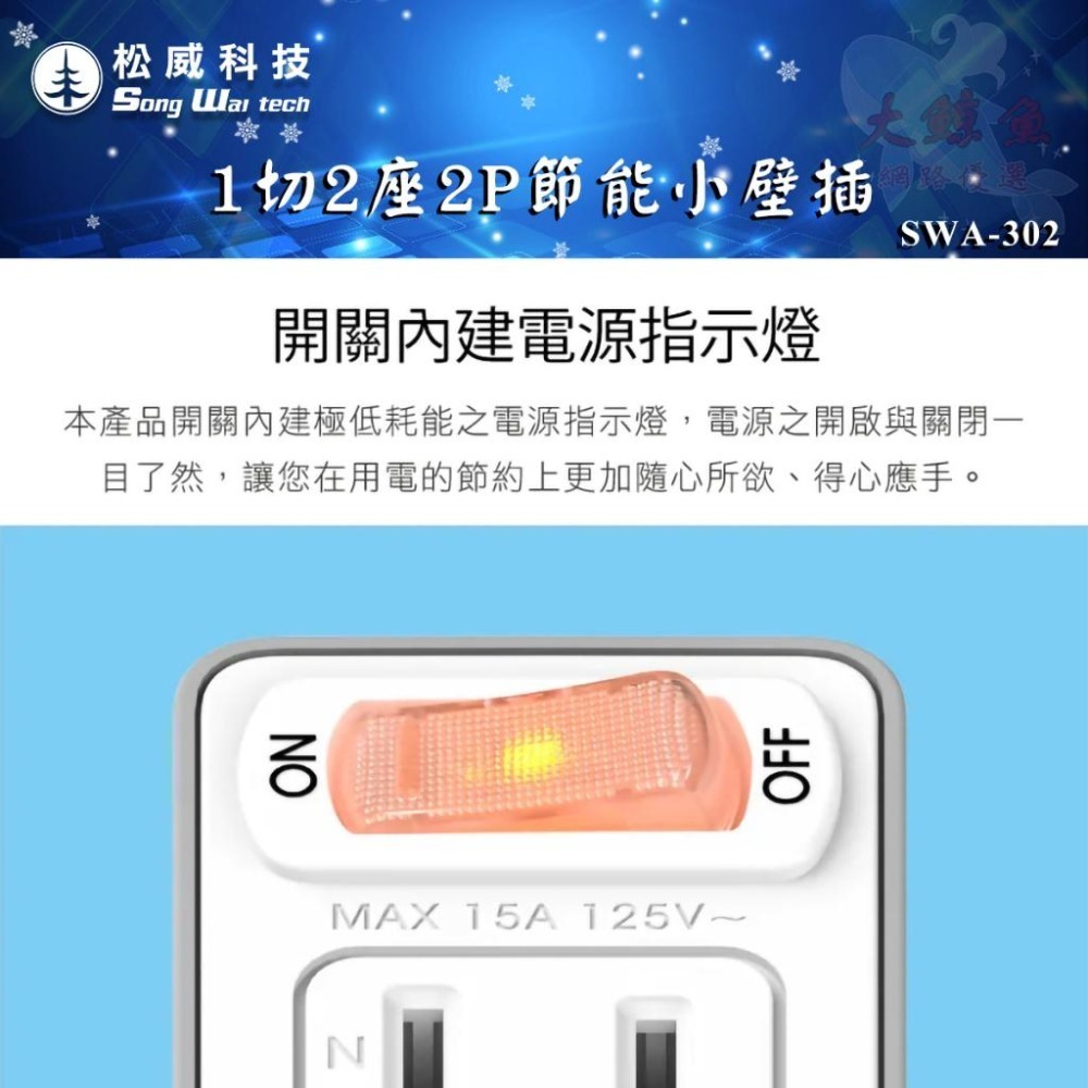 【松威科技】SWA-302 台灣製造 松威科技 1開關1插座 3變2 節能小壁插 通過新版安規-細節圖2