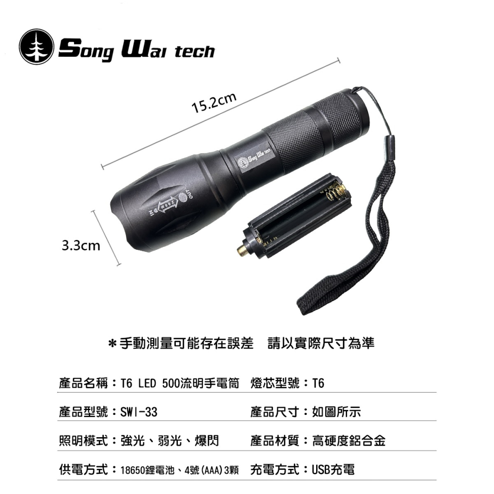【松威科技】SWI-33 T6 LED 500流明<兩種供電方式>手電筒 (贈4號電池3顆)-細節圖2