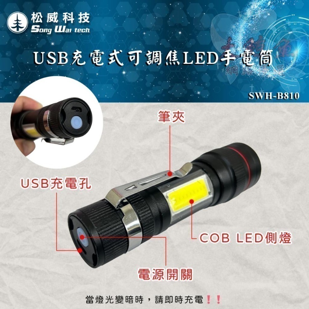 【松威科技】B810 USB充電式 LED手電筒 (贈充電線1入)-細節圖4