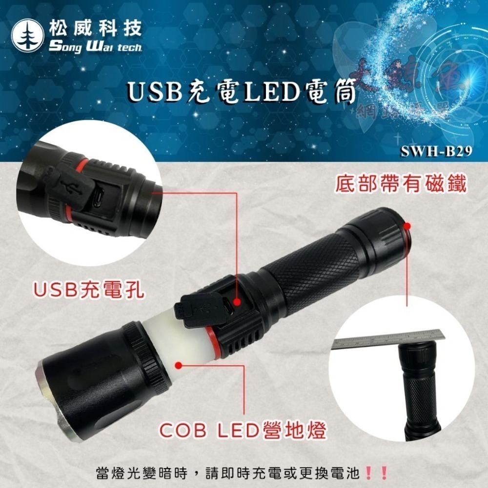 【松威科技】B29 USB充電 T6 1000流明 LED伸縮手電筒 (贈USB充電線、18650充電池)-細節圖4