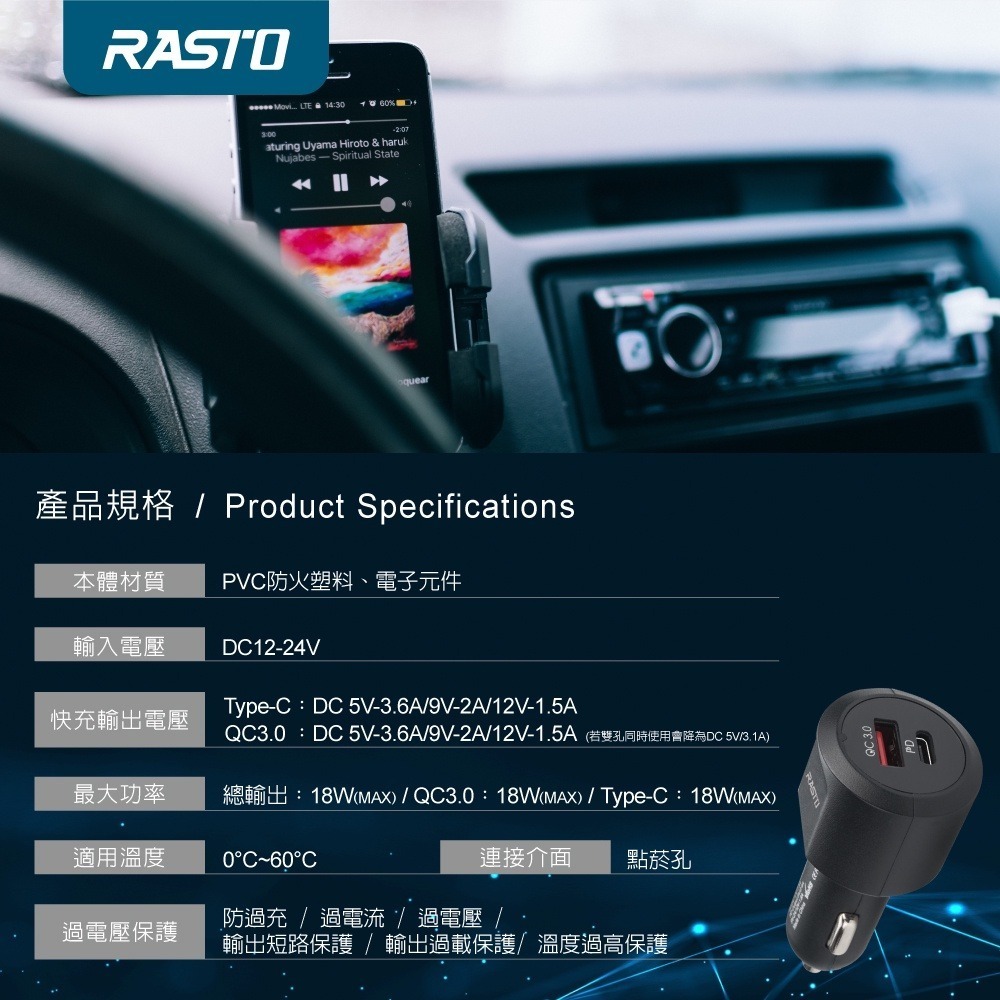 【RASTO中景科技】RB12 車用18W PD+QC3.0雙孔快速充電器-細節圖6