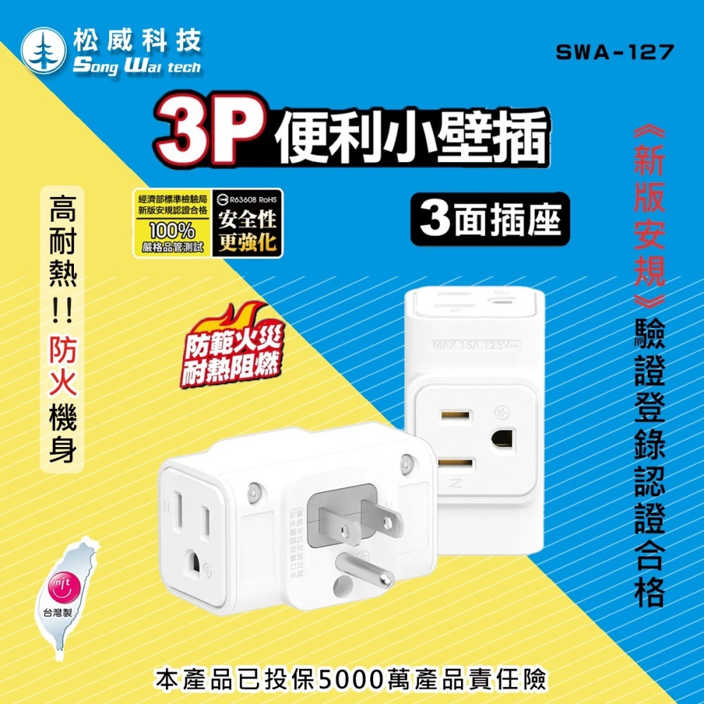 【松威科技】SWA-126、127 台灣製造 3變2便利小壁插  3P便利小壁插（3面插座）  插頭 分接器-細節圖2