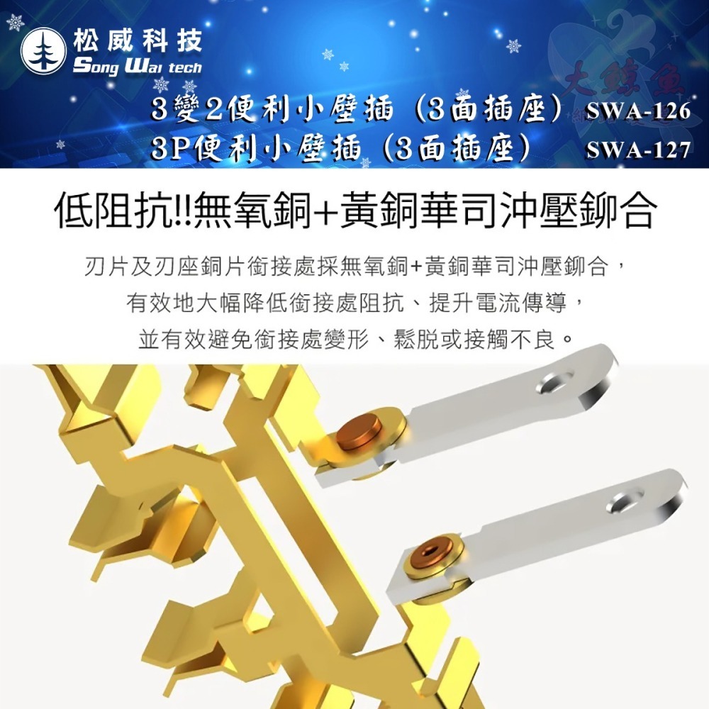 【松威科技】SWA-126、127 台灣製造 3變2便利小壁插  3P便利小壁插（3面插座）  插頭 分接器-細節圖5