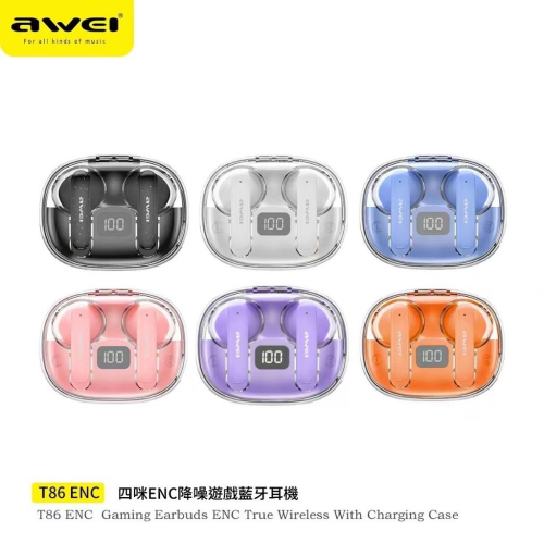 AWEI T86 ENC 抗噪遊戲TWS真藍牙耳機 黑、紫色、藍、白、粉 4個麥克風用於語音通話 /通話降噪