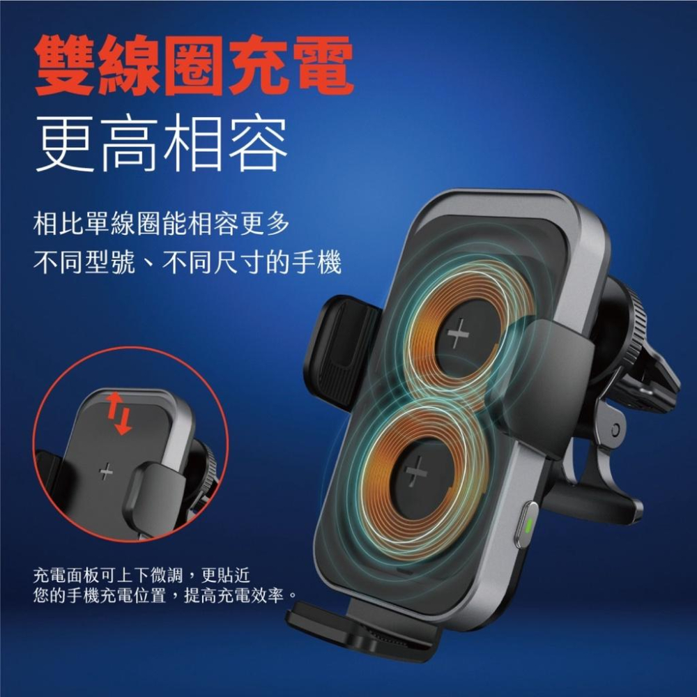 免運(特價)Meet Mind iCar 雙線圈感應15W Qi認證無線充電車架 無線充電 Qi標準 熄火後可操作-細節圖2