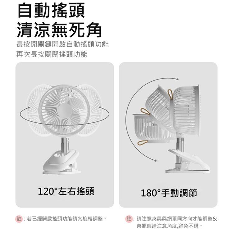 促銷 搖頭夾式風扇 桌面夾式風扇 自動擺頭 (USB充電) 多角度+伸縮+壁掛 三檔風量 嬰兒車/宿舍/辦公室-細節圖4