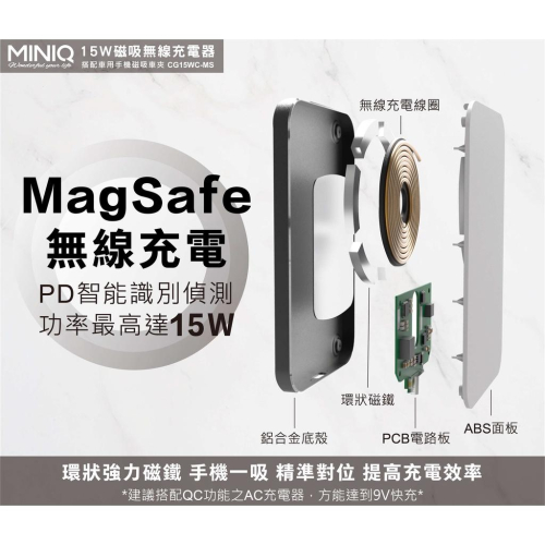 台灣製造MINIQ MagSafe 15W輕薄快充板 強力磁吸無線充電器 車載居家兩用 附車用磁吸夾 品質有保障