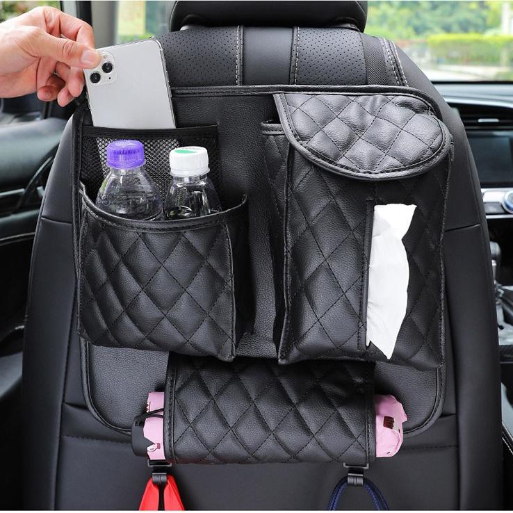 快速出貨 多功能汽車椅背收納袋 帶掛勾 車用皮革座椅置物掛袋 面紙盒套/雨傘/瓶罐/手機收納-細節圖3