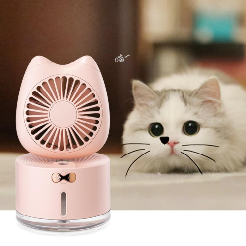 貓咪加濕風扇 小夜燈 USB充電款 迷你噴霧加濕風扇 靜音風扇 USB電風扇 桌扇 涼風扇 加濕器(300ml)
