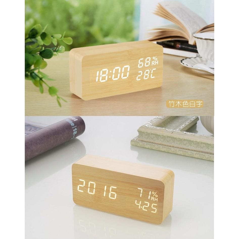 全新 文青風格 多功能LED 聲控電子木紋鬧鐘/溫度/濕度 USB/電池雙供電-細節圖3