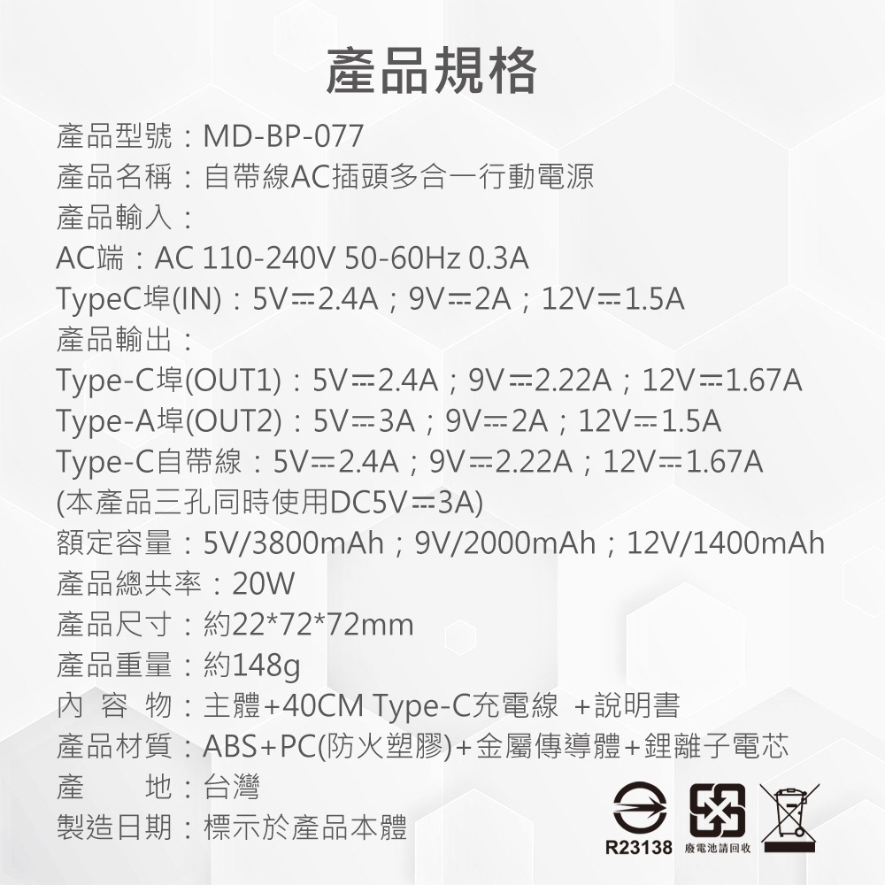 MiniQ BP-077 自帶線+扁插多合一行動電源 自帶Type-C快充線 數位顯示電量屏幕 小體積 高速充電器-細節圖9