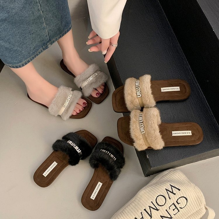 高級感水鑽毛毛拖鞋 毛毛拖 毛毛鞋 毛絨拖鞋 毛茸茸拖鞋 冬季拖鞋 室內拖鞋 平底拖鞋 居家拖鞋 外穿拖鞋 A88-1-細節圖2