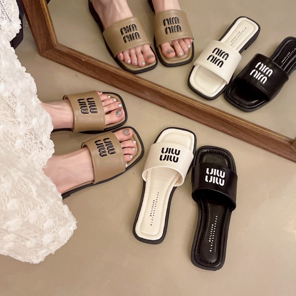 小香風拖鞋 韓版拖鞋 平跟涼拖鞋 女生拖鞋 露趾拖鞋 軟皮拖鞋 外出拖鞋 上班拖鞋 方頭拖鞋G4138-細節圖3