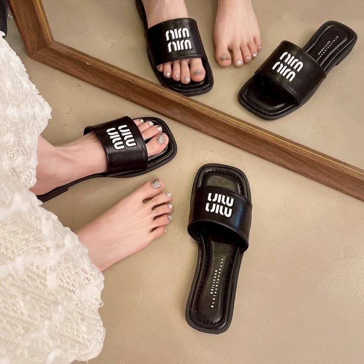 小香風拖鞋 韓版拖鞋 平跟涼拖鞋 女生拖鞋 露趾拖鞋 軟皮拖鞋 外出拖鞋 上班拖鞋 方頭拖鞋G4138-細節圖6