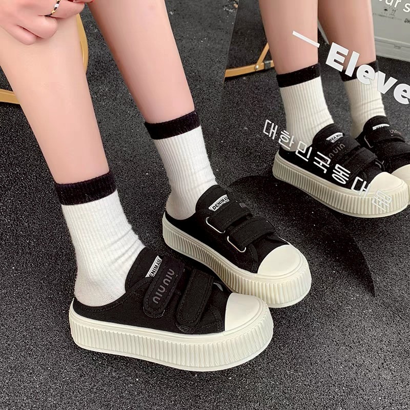 厚底拖鞋女 ins潮 魔鬼氈 帆布拖鞋 懶人鞋 百搭 透氣 夏季 韓版 學生 館長鞋 增高 鬆糕鞋 一字拖 G3638-細節圖4