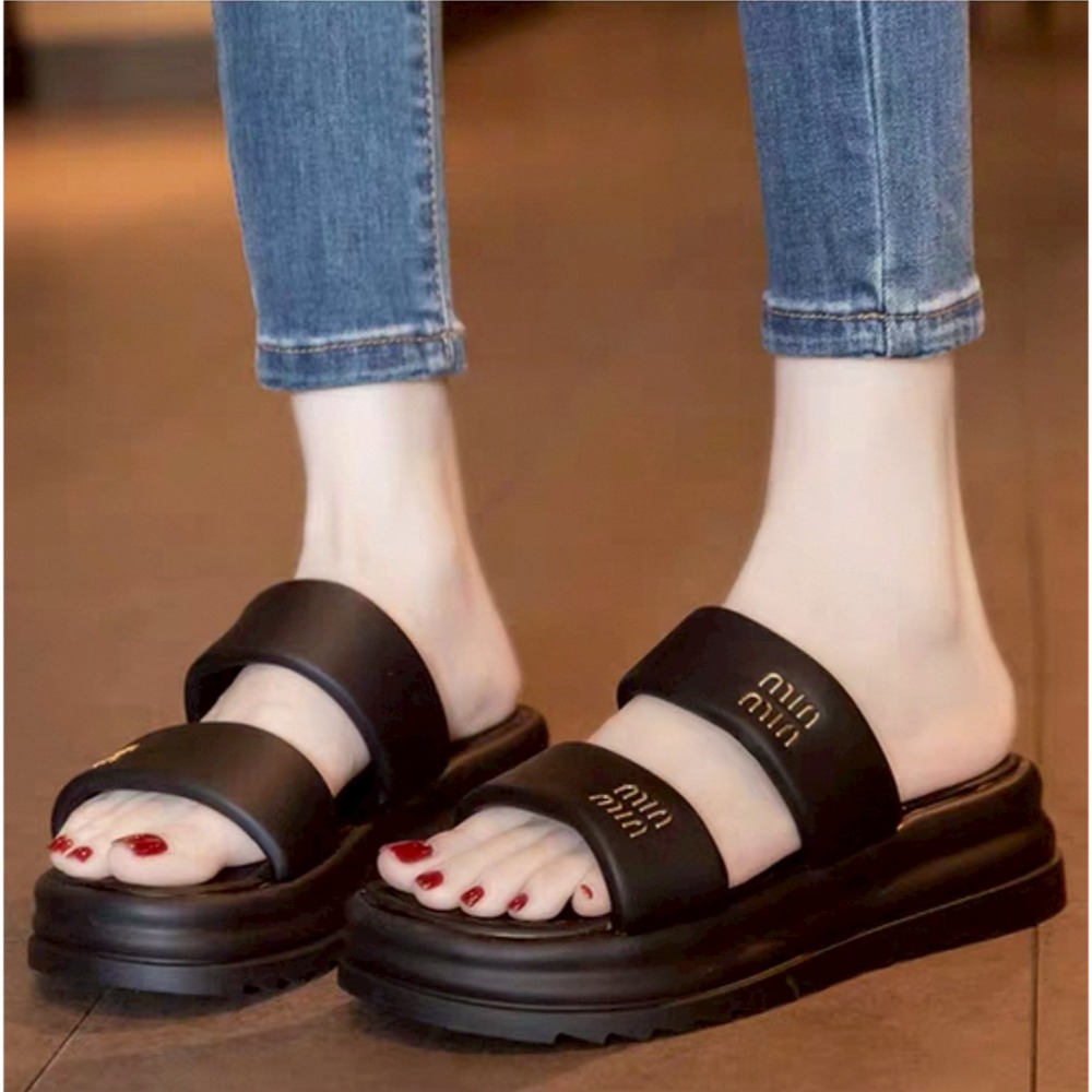 厚底 軟底 雙帶 涼拖鞋 女鞋 MIU同款 ins風 韓系 百搭 懶人 室內外 休閒 增高 大尺碼 41碼 G6499-細節圖2