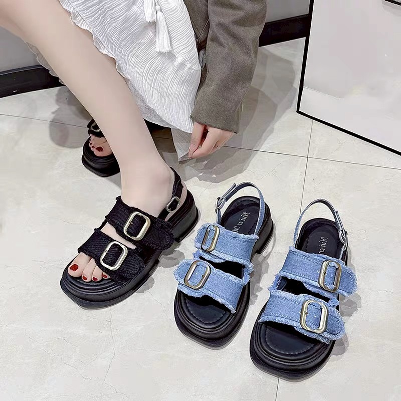 大尺碼42 厚底 增高 牛仔 毛邊 雙扣 露趾 涼鞋 後帶 女鞋 ins風 韓系 百搭 休閒 軟底 防滑 夏季 322-細節圖3